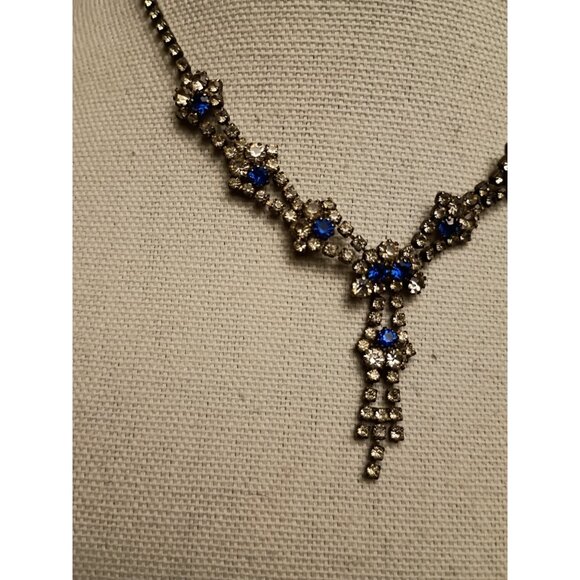 Vintage Sapphire Blue Clear Rhinestone Paste Choker Necklace Statement Cocktail - Picture 2 of 15
